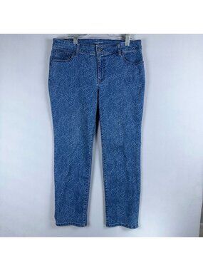 Chicos Womens Size 2.5 R Straight Leg Jeans Mid Rise  Blue Wash Leaf Pattern